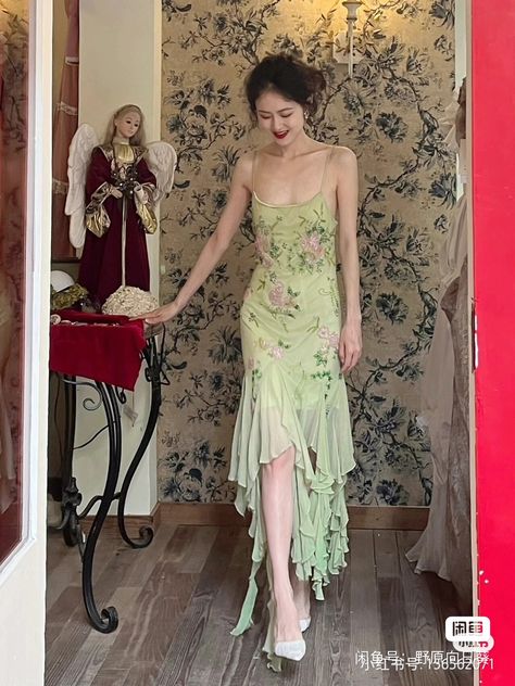 Hoco Vintage Dresses, Green Fairy Core Prom Dress, Whimsical Formal Outfit, Fairy Wedding Guest Outfit, Discocore Outfits, Fairy Garden Aesthetic Outfits, Earthy Dresses Formal, Fairycore Formal Dress, Earthy Hoco Dress