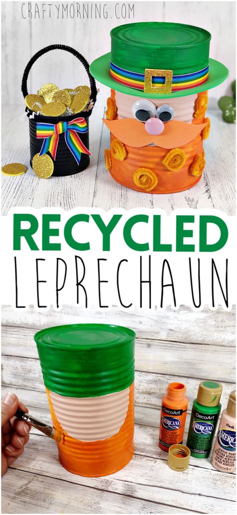 Shamrock Crafts For Kids Art Projects, St Patricks Day Crafts For Kids Diy, Can Crafts Tin Diy, March Crafts For Seniors, Leprechaun Craft Kids, March Craft Ideas, St Patrick’s Day Crafts, Stpatricksday Crafts, Leprechaun Crafts