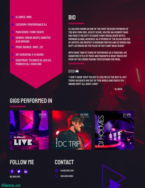 DJ Press Kit Template Visme Epk Press Kit Music Template, Dj Portfolio, Advertising Ideas Social Media, Music Press Kit, Dj Press Kit, Dj Kit, Media Kit Template Free, Press Kit Design, Cool Fonts Alphabet