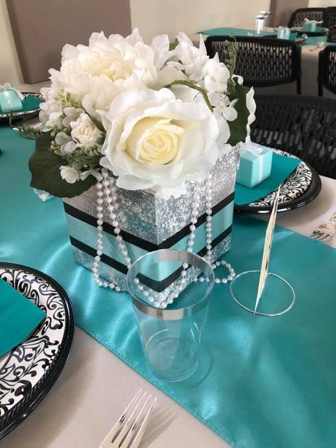 Breakfast at Tiffany’s bridal shower Tiffany And Co Centerpieces Ideas, Tiffanys Decor, Breakfast At Tiffany's Bridal Shower, Tiffany Christmas, Breakfast At Tiffanys Party Ideas, Moms 60th, Wedding Angels, Tiffany Theme, Tiffany Bridal Shower