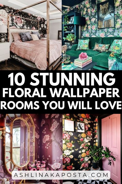 10 rooms with floral wallpaper that will knock your socks off — ASHLINA KAPOSTA Fun Floral Wallpaper Bathroom, Best Floral Wallpaper, Bathroom Floral Wallpaper Ideas, Large Room Wallpaper, Floral Wallpaper Accent Wall Bedroom, Art Deco Floral Wallpaper, Bedroom Accent Wallpaper Ideas, Wallpaper In Apartment, Chair Rail With Wallpaper