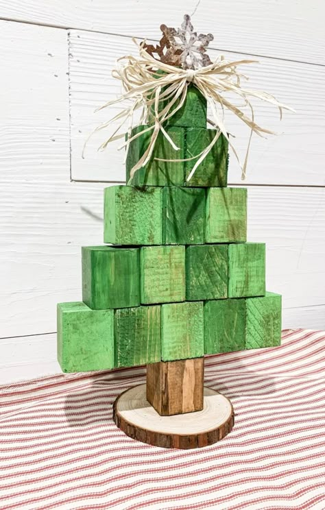 Crafts With 1x1 Wood, Wood Block Christmas Tree, Diy Christmas Crafts To Sell Make Money, Wood Block Christmas Crafts, Dollar Tree Christmas Diy Decorations, Spring Craft Ideas To Sell, Block Christmas Tree, Christmas Wood Craft, Wood Slice Ideas