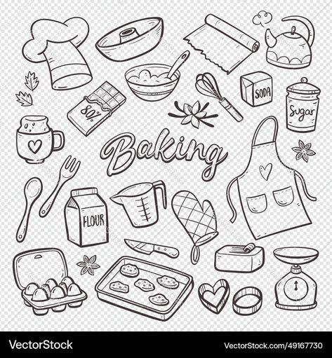 Baking Doodles Drawing, Cute Food Sketches, Doodle Food Art, Food Doodles Easy, Dessert Doodles, Cooking Doodles, Baking Doodles, Kitchen Doodles, Baking Cartoon