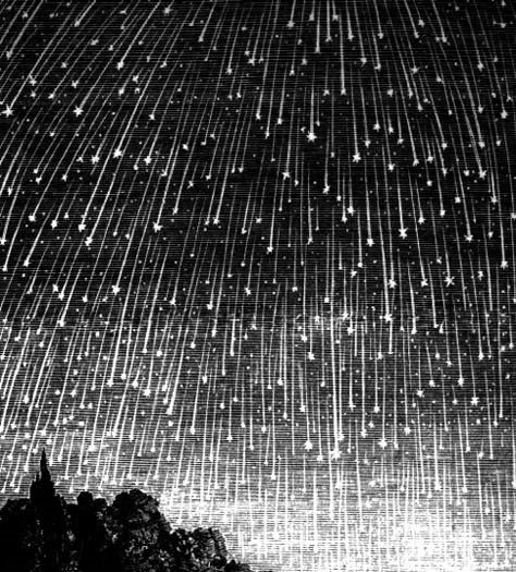 Engraving depicting the exceptional 1833 "meteor storm" of the Leonid Meteor Shower. Perseid Meteor Shower, Star Shower, Falling Stars, Meteor Shower, To Infinity And Beyond, Our Solar System, Throne Of Glass, The Night Sky, Shooting Stars