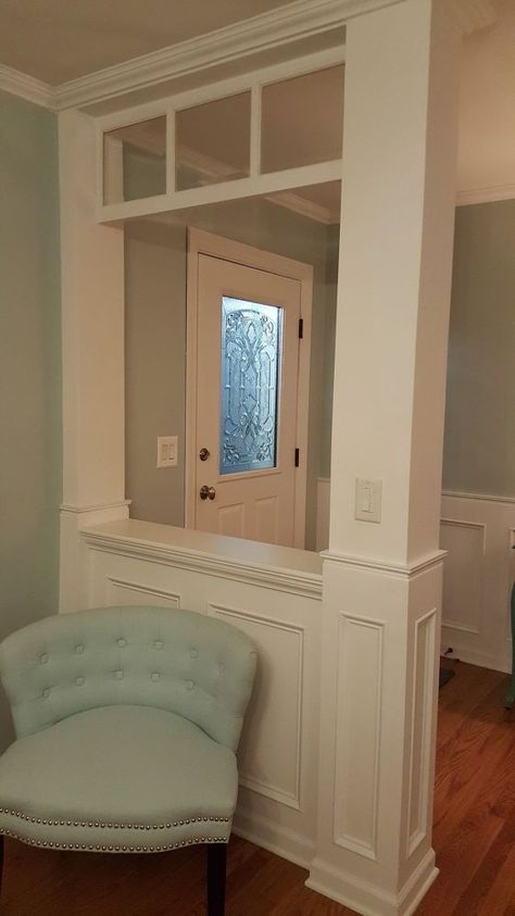 A stunning way to upgrade your boring front door! Close To Ceiling Chandelier, Short Wall Ideas, Half Wall Ideas, Interior Columns, Half Walls, Glass Front Door, Living Room Remodel, Door Ideas, Room Remodeling