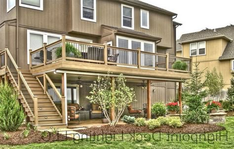 High Level Deck Designs, Patio With Balcony Above, Deck Off Back Of House Staircase, 2nd Level Deck Ideas, Bedroom Deck Ideas Master, 2 Story Deck Designs Walkout Basement, Walk Out Basement Deck Ideas, Deck Off Back Of House Second Floor, Walk Out Basement Patio Under Deck