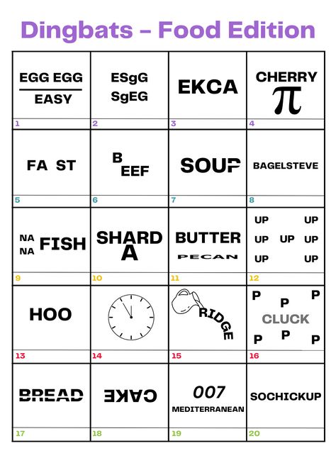 Food & Drink Dingbats Rebus Puzzles With Answers Free Printable, Word Puzzles Brain Teasers, Word Brain Teasers, Puzzles With Answers, Fun Quiz Questions, Brain Teasers With Answers, Free Printable Puzzles, Rebus Puzzles, Nursing Home Activities