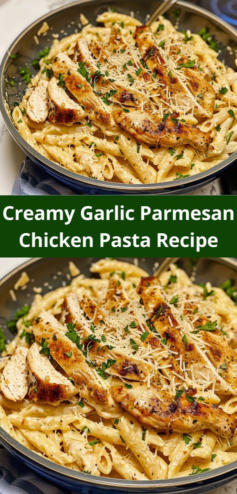 Need chicken pasta recipes for dinner? This Creamy Garlic Parmesan Chicken Pasta Recipe is perfect! One of the best chicken recipes, it’s creamy and flavorful. Creamy Garlic Parmesan Chicken Pasta, Creamy Garlic Chicken Pasta, Creamy Garlic Parmesan Chicken, Garlic Parmesan Chicken Pasta, Parmesan Chicken Pasta, Garlic Chicken Pasta, Garlic Parmesan Pasta, Resep Pasta, Tuscan Chicken Pasta