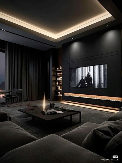 Black Modern House Interior, Dark Aesthetic Apartment Interiors, Black Theater Room, Dark Theme Living Room, Black Interior House, Dark Modern Living Room, Black Home Interior, Sophisticated House, Dark Living Rooms