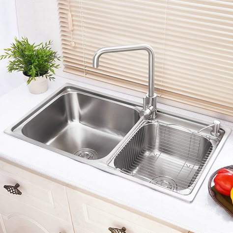 Modern Simple 304 Stainless Steel Sink Double Bowl Kitchen Washing Sink with Drain Basket and Liquid Soap Dispenser AOM8143 Kitchen Sink And Faucet, Kitchen Sink Ideas, Undermount Stainless Steel Sink, Double Kitchen, Modern Kitchen Sinks, Double Kitchen Sink, Sink And Faucet, Apron Sink Kitchen, Kitchen Sink Design