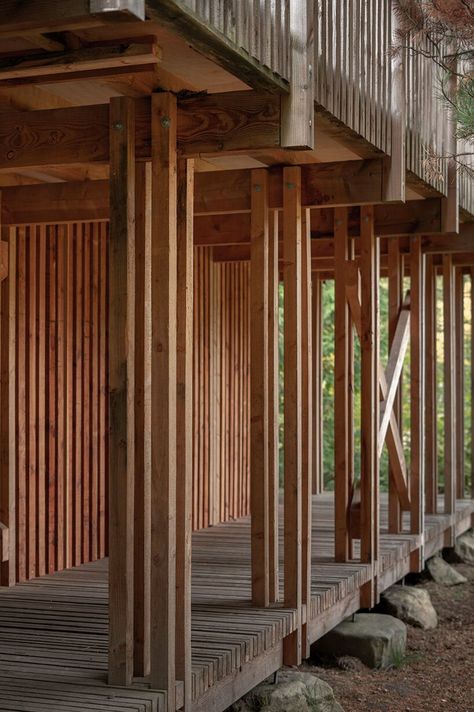 NORRØN designs learning space in the trees of denmark's gribskov forest Forest Pavilion, Wooden Facade, Timber Architecture, Timber Frame Construction, Timber Buildings, Wood Architecture, Wooden Structure, Timber Structure, Wood Model