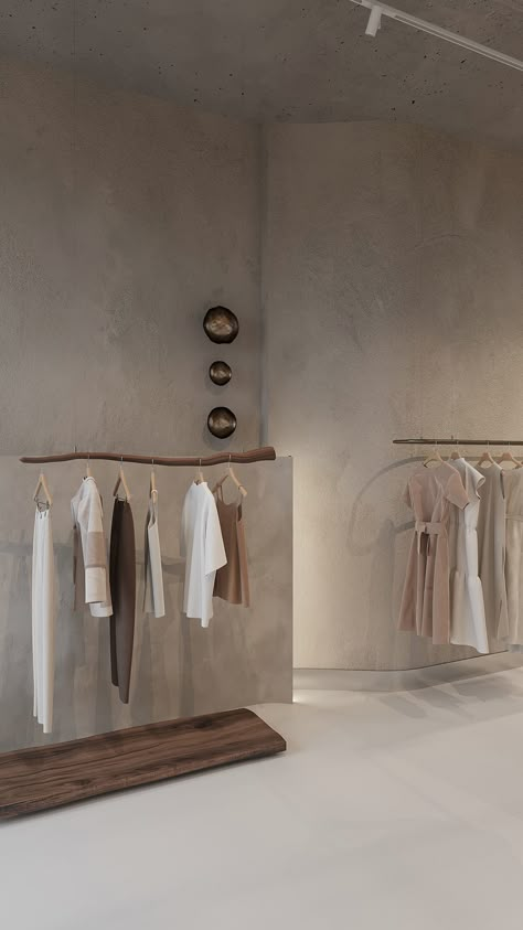 DSH clothing store in Astana :: Behance Display Design For Clothes, Minimalist Clothing Store Design, Cloth Display Design, Dresses Store Design, Minimal Boutique Interior, Boho Store Decor, Aesthetic Clothing Store Interior, Store Design Boutique Inspiration, Concept Store Design Retail Interior