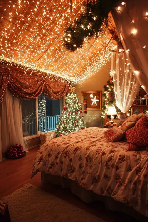 25 Magical Christmas Lights Bedroom Ideas for a Dreamy Glow - Roomy Retreat Christmas Lights Bedroom, Christmas Lights In The Bedroom, Lights Bedroom Ideas, Cozy Christmas Home, Christmas Bedrooms, Wall Of Light, Christmas Bedroom Decor Ideas, Christmas Lights In Bedroom, Christmas Bedroom Ideas