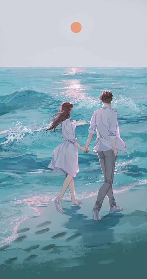 Cute Couple Illustration Art, Anime Couple Aesthetic, Aesthetic Anime Couple, Cute Couple Illustration, Animated Couple, Art Love Couple, Seni Korea, Couple Walking, Romantic Wallpaper