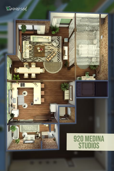 Rustic Studio Apartment, The Sims 4 Apartment, Rustic Studio, Sims 4 No Cc, Sims 4 Houses Layout, Studio Floor Plans, San Myshuno, Sims Freeplay Houses, Style Apartment