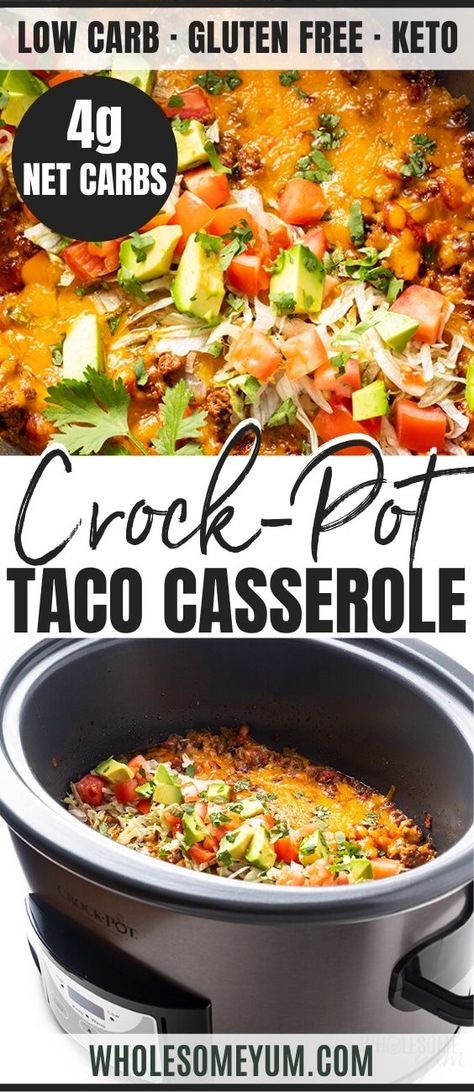 This Keto Taco Casserole recipe contains the best of both worlds, all in one dish: Slow cooked flavor thanks to Crock-Pot (#sponsored), plus fresh and flavorful toppings. It takes just five minutes to prep and tallies up to 4 net carbs, so you can enjoy taco night on any night! @Crockpot @Target #wholesomeyum #keto #ketorecipes #lowcarbrecipes #CrockPot #CrockPotRecipes #tacos #casserole Tacos Casserole, Keto Taco Casserole, Low Carb Crockpot, Casserole Crockpot, Low Carb Crock Pot Recipes, Crock Pot Tacos, Low Carb Tacos, Keto Crockpot, Wholesome Yum