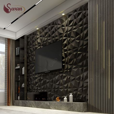 Wallpanel 3d Living Room, Black Wall Panel, Pvc Wall Panels Designs, Wall Cladding Designs, Box Installation, Black Feature Wall, Kitchen Tv, Cladding Design, Tv Panel