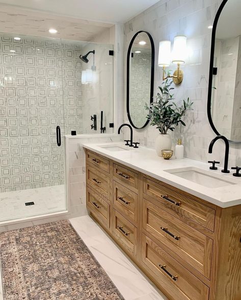 Wood And White Bathroom Vanity, Light Wood Color Bathroom Vanity, Light Stained Cabinets Bathroom, Bleach Bathroom Vanity, County Modern Bathroom, Alder Bathroom Cabinets Vanities, Oak Double Vanity Bathroom, Wooden Bathroom Vanity Modern, Rustic Bathroom With White Cabinets