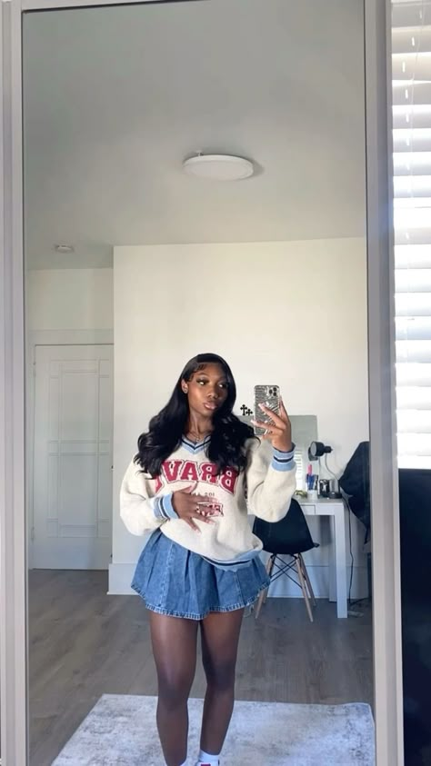 Skirt outfit Sweater Vest Outfit Photoshoot, Pin Stripe Dress Outfit, Skirt With Sweater Outfit Black Women, Mini Skirt With Tights Outfit Winter, Jean Flare Skirt Outfits, Flare Skirt Outfit Black Women, New Fashion Aesthetic, Pleated Skirt Hoodie Outfit, Sweatshirt With Denim Skirt