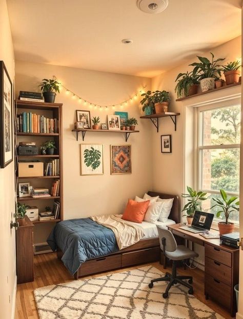 Earth Tones Dorm Room, Cozy Minimalist Bedroom Small Spaces, Small Room Arrangement Ideas, Small Cozy Room Decor Bedroom, Bedroom Wooden Furniture, Architectural Render, High Shelves, Small Room Makeover, Plant Arrangements