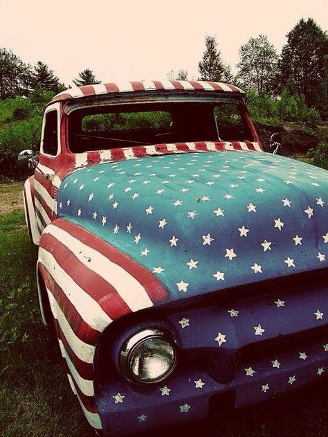 USA American Flag painted on pick up truck Truck Yeah, I Love America, God Bless The Usa, Old Truck, Proud To Be An American, Let Freedom Ring, Home Of The Brave, The American Flag, Us Cars