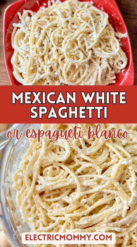 Mexican White Spaghetti (Espagueti Blanco) Mexican Fettucine Alfredo, Noodles With White Sauce, White Mexican Spaghetti, White Spaghetti Pie Recipe, Easy Recipes With Spaghetti Noodles, Ideas For Spaghetti Noodles, Italian White Sauce Pasta, Spaghetti Recipes White Sauce, Fedio Mexican Recipe