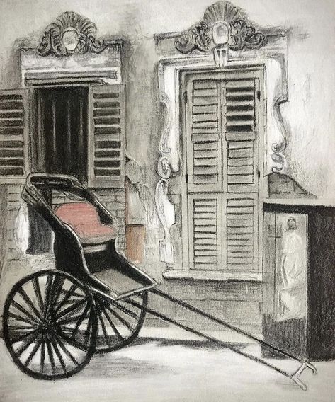 Charcoal sketch of a heritage structure and the rickshaw in Kolkata. Kolkata Sketch, Kolkata Art, Kolkata City, Bengali Culture, Whimsical Art Journal, Contemporary Folk Art, Bengali Art, Illustration Sketchbook, Charcoal Sketch