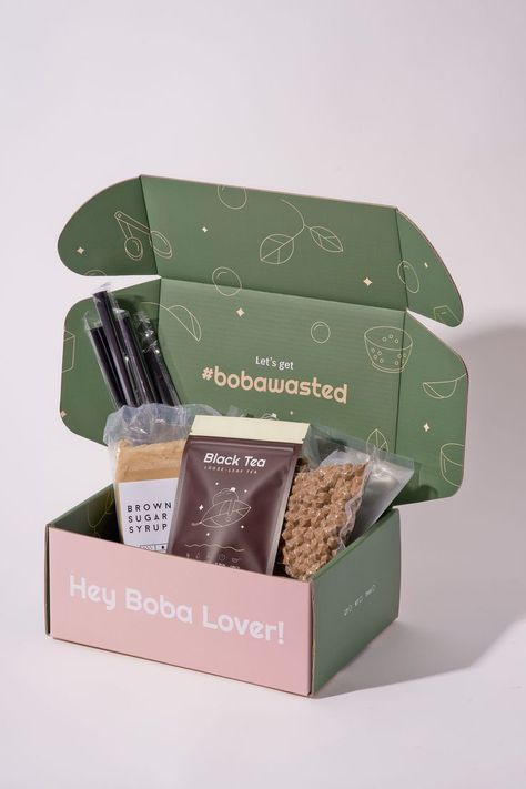 Boba kit with brown sugar, vacuum sealed boba, loose leaf tea, 4 plastic straws in a cute memorable box Boba Tea Kit, Boba Packaging Design, Boba Gifts, Boba Packaging, Boba Branding, Bubble Tea Packaging, Boba Tea Drinks, Street Food Photography, Boba Kit