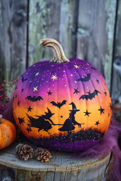 37 No-Carve Painted Pumpkin Ideas To Transform Your Fall Decor Stuff To Paint On Pumpkins, Painted Pumkin Decoration Ideas, Best Paint For Pumpkin Painting, Witch Painting Pumpkin, Draw On Pumpkin, Chicken Painted Pumpkin, Sunset Pumpkin Painting, Pumpkin Halloween Painting, Pumpkin Painting Mushroom