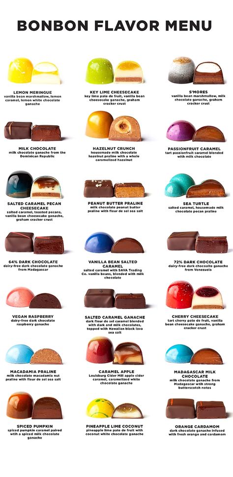 BONBON FLAVORS | Bliss Chocolatier Chocolate Bon Bon Flavors, Bon Bons Recipe Candies, How To Make Chocolate Bonbons, Bon Bon Flavors, How To Make Bon Bons, Gourmet Chocolate Bars, Chocolate Sculptures Ideas, Handmade Chocolates Recipes, Stuffed Chocolate Bar