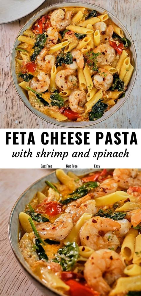 Pasta With Shrimp And Spinach, Feta Cheese Recipes Pasta, Feta Cheese Pasta, Pasta With Feta Cheese, Shrimp Pasta Bake, Shrimp And Spinach, Tiktok Pasta, Cheese Pasta Bake, Shrimp Casserole