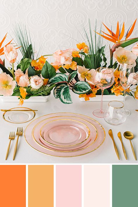 Tropical Wedding Colors, Tropical Wedding Color Palette, Tropical Wedding Theme, Tafel Decor, Fiesta Tropical, Color Schemes Colour Palettes, Wedding Palette, Hawaiian Wedding, Wedding Theme Colors