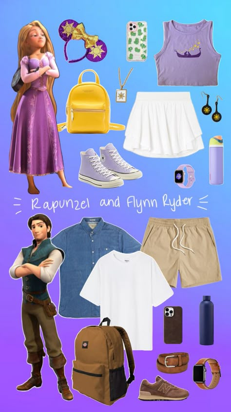 What to wear to Disney - Rapunzel and Flynn Ryder - Couples Outfit Disney Bonding, Disneybound Couples, Disney Couple Outfits, Rapunzel Outfit, Disney Princess Inspired Outfits, Flynn Ryder, Disney Bounding Ideas, Disneybound Ideas, Disney Bound Outfits Casual