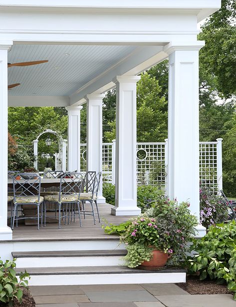 Square tapered columns match the existing stately main columns at the front entrance complete with Tuscan caps and bases. Porch Column Ideas, Pillars Design, Front Porch Pillars, House Pillars, Porch Pillars, House Columns, Exterior Columns, Front Porch Columns, Outdoor Columns