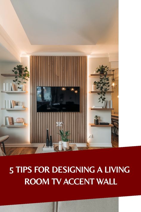 5 tips for designing a living room TV accent wall with shelves and plants. Tv Room Feature Wall Ideas, Wood Panel Walls Tv Room, Wood Panel Accent Wall With Tv, Chimney Wall Panelling, Wood Panels Tv Wall, Living Room Build Out, Paneling Around Tv, Accent Wall For Living Room Tv, Tv Wall Design Coastal