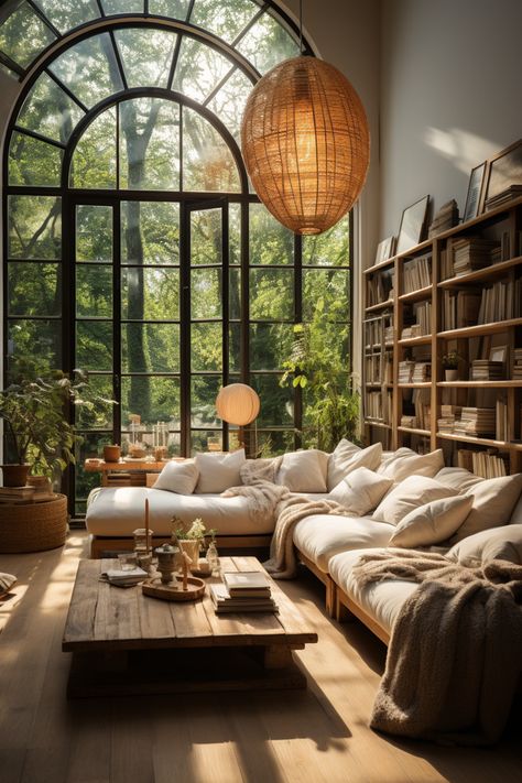 House Design Earthy, Plant Inspired Home Decor, Luxury Earthy Aesthetic, House Interior Boho Chic, Natural Home Architecture, Earthy Library Aesthetic, Comfortable House Interiors, Boho Vibe Living Room, Home Interior Design Earthy