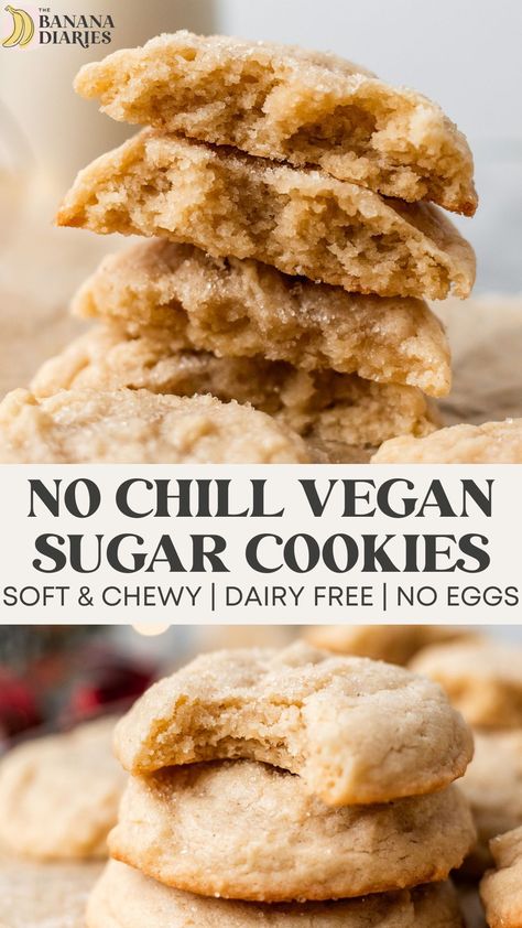 These perfectly soft drop-style sugar cookies are made unbelievably dairy free and without eggs, yet have the most deliciously crisp outer edges with chewy middles. Different from cut-out vegan sugar cookies, this drop-style version is easy to make with just a whisk and ready in 15 minutes (no chilling required!) for your new favorite vegan Christmas cookie recipe! Vegan Sugar Cookie Recipe, Sugar Free Vegan Desserts, Vegan Christmas Cookies Recipes, Gluten Free Vegan Recipes Desserts, Banana Diaries, Vegan Dessert Bars, Easy Vegan Cookies, Vegan Gluten Free Cookies, Vegan Sugar Cookies