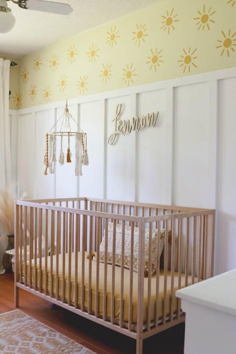 Yellow Nursery Accent Wall, Small Room Nursery Ideas, Nursery Ideas Small Room, Yellow Nursery Girl, Yellow Nursery Walls, Neutral Woodland Nursery, Dining Room Teal, Yellow Crib, Small Room Nursery