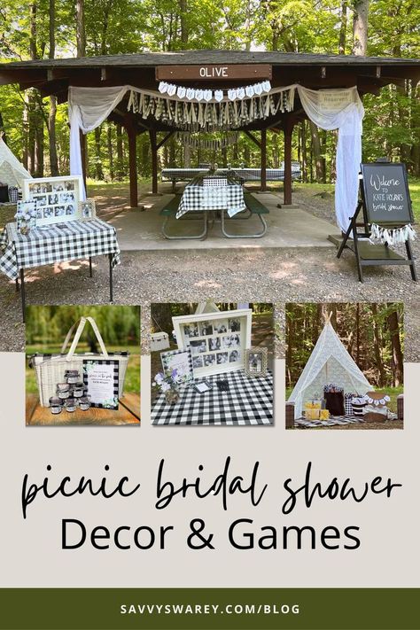 Picnic Bridal Shower Decor and Game Ideas. Park Pavilion decorated in black and white gingham and floral, picnic basket with jam favors, boho teepee for gift opening. Bridal Picnic, Picnic Bridal Shower, Unique Bridal Shower Themes, Themed Bridal Shower Ideas, Outdoor Bridal Showers, Bridal Shower Menu, Decorating Tips And Tricks, Park Pavilion, Wedding Shower Themes