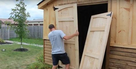 How to Create Easy-Build Shed Doors from Scratch | Hometalk Storage Shed Door Ideas, Diy Exterior Barn Door, How To Build Shed, Build Shed, Shed Ramp, Barn Style Shed, Shed Door, Cheap Sheds, Lean To Shed