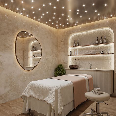 SPA MASSAGE ROOM :: Behance In Home Massage Room, Luxurious Spa Room, Spa Place Design, Spa Ceiling Ideas, Basement Spa Room Ideas, Holistic Therapy Room, Spa Relaxation Room Ideas, Spa Lighting Ideas, Spa Suite Decor