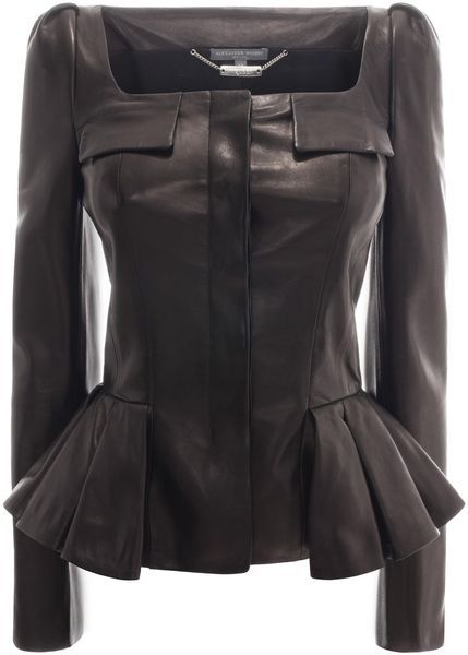 ALEXANDER MCQUEEN Black Pleated Leather Jacket  - Lyst Peplum Leather Jacket, Alexander Mcqueen Jacket, Mode Mantel, Peplum Tops, Leather Outfit, Coats And Jackets, Leather Jackets, New Season, Leather Fashion