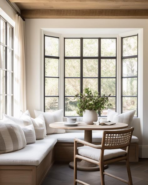 Monika McCommon | i’ve had a pinterest board dedicated to breakfast nooks since probably it’s inception. loove a good nook & we’re designing one in our next… | Instagram Breakfast Nook Corner Window, California Casual Breakfast Nook, Mediterranean Breakfast Nook, Breakfast Nook Furniture Ideas, Corner Dining Room Table, Breakfast Nook Chairs, Dining In Living Room, Banquette Tables, Transitional Breakfast Nook