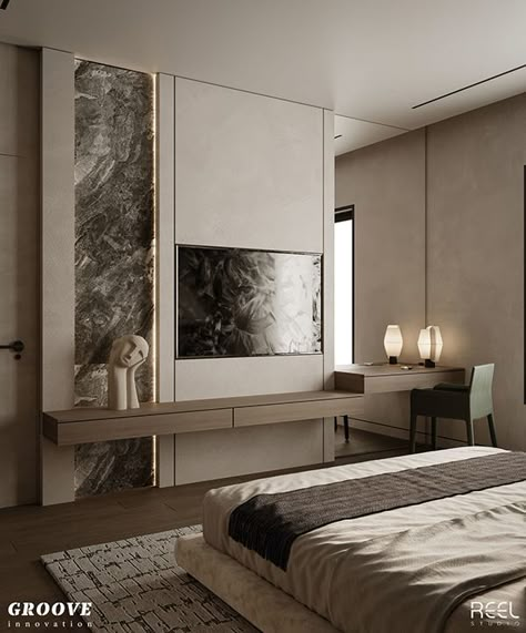 Master Bedroom Design :: Behance درابزين السلم, Bedroom Tv Wall, Bedroom Tv, Tv Panel, Tv In Bedroom, Master Room, Luxury Bedroom Master, Tv Wall Design, Bedroom Bed Design