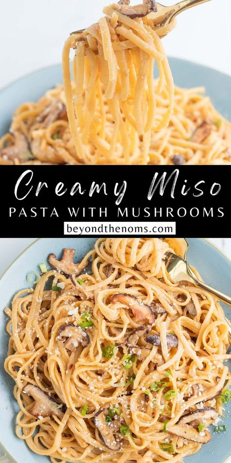 miso pasta on a fork and miso pasta on a plate Miso Paste Recipes, Miso Pasta, Cheap Vegetarian Meals, Miso Recipe, Butter Pasta, Shiitake Mushrooms, Pasta Dinner Recipes, Vegetarian Meal, Allergy Free Recipes