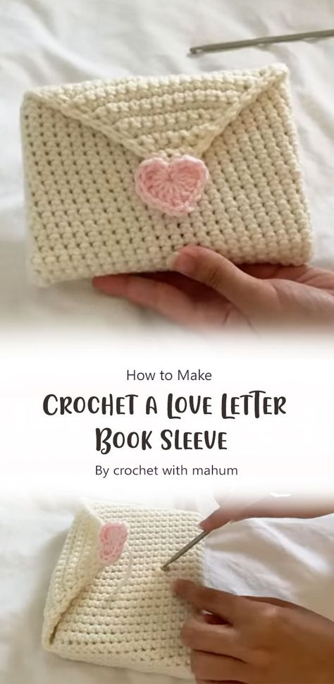 This tutorial will show you how easy it is to make a handmade book sleeve. The process is really simple, once you get the hang of it then making your own crochet projects would become so much easier than expected! So let’s get started on making our own crochet love letter book sleeve! Crochet Book Sleeve Love Letter, Crochet Letter Book Cover, How To Knit A Book Sleeve, Simple Thing To Crochet, Easy Creative Projects, Diy Crochet Book Sleeve, Easy Crochet Book Cover, Easy Crochet Designs For Beginners, Easy Crochet Projects For Beginners Cute