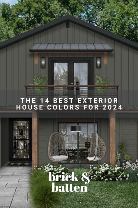 We're excited to present our list of the best exterior house colors for 2024. Whether you desire something dark and moody or light and bright, there’s a designer-approved hue here for everyone. View the full list and let us know which color is your favorite: https://bit.ly/3R3XXux Modern Dark Home Exterior, Mountain Cottage Exterior Paint Colors, Sand Exterior House Colors, Green Mountain House Exterior, Modern House Brick Exterior, Green Exterior With Brick, Exterior Green Paint Colors For House, Mid Century Exterior House, House Exterior With Brick