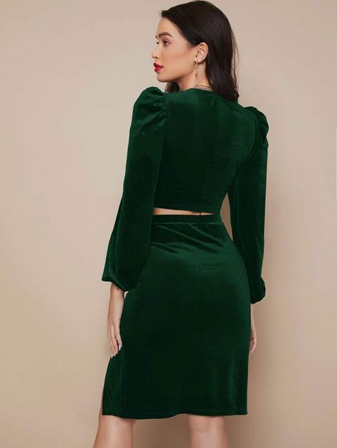 SHEIN Plunging Velvet Crop Top & Ruched Split Thigh Skirt Set | SHEIN USA Velvet Crop Top And Skirt, Thigh Skirt, Crop Top And Skirt Set, Crop Top And Skirt, Velvet Crop Top, Top And Skirt Set, Custom Size Dresses, Multi Dress, Birthday List