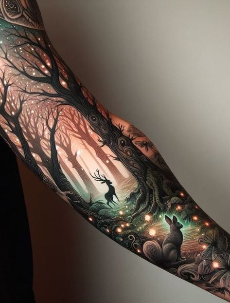 Hand Tattoos Ideas, Natur Tattoo Arm, Forest Tattoo, Nature Tattoo Sleeve, Ink Therapy, Witch Tattoo, Forest Tattoos, Fantasy Tattoos, Geniale Tattoos