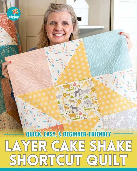 Layer Cake Shake Quilt is the perfect project for beginners. It's quick and easy, and the pattern looks so pretty! via @diyjoycrafts Easy Quilt Tutorials, Cake Shake, Strip Quilt Patterns, Layer Cake Quilt, Layer Cake Patterns, Layer Cake Quilt Patterns, Beginner Quilting, Quilt Layers, Cake Quilt